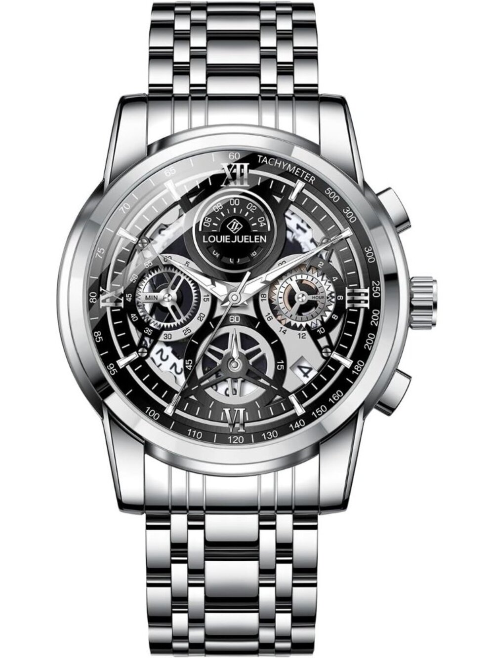 Men's Black Silver Chronograph Quartz Analog Stainless Steel Waterproof Watch